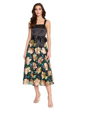 Tahari ASL Embroidered Satin Midi Dress With Floral Design & Bow Detail Size 16